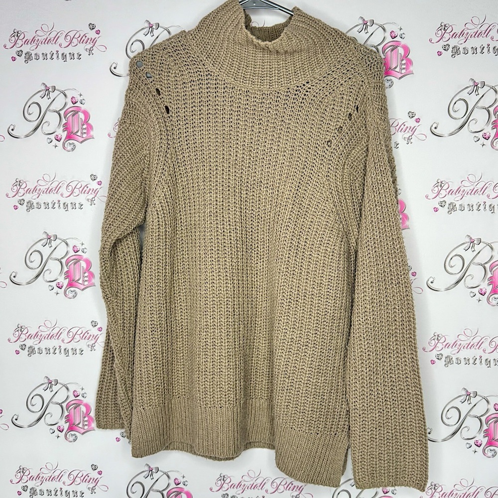 Lord & Taylor sweater turtleneck nude tan knit crochet wool warm cozy pullover